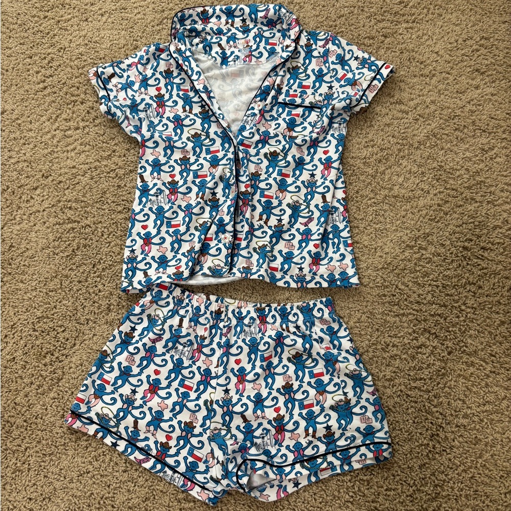 Roller Rabbit Blue and Pink Monkey Print Pajama Set